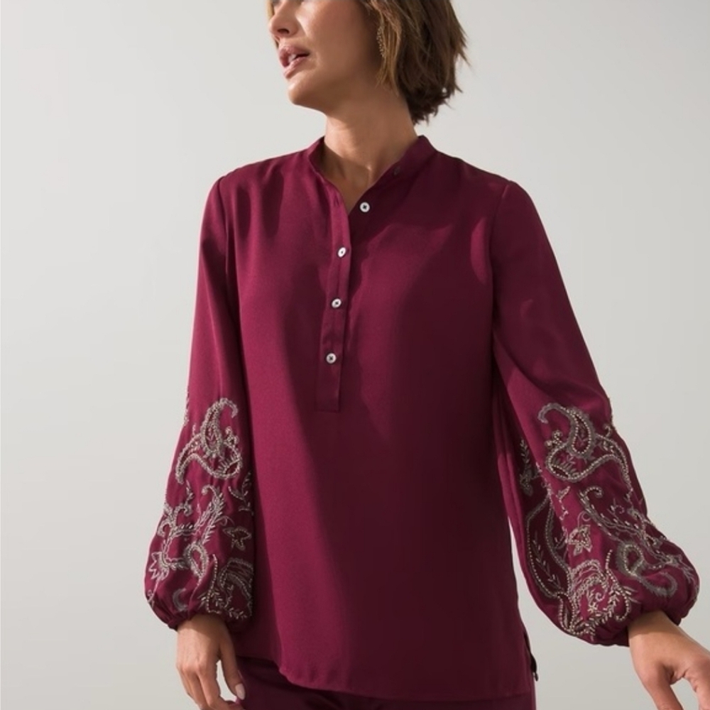 Chicos Peasant Blouse Top Embroidered Whimsy Beaded Romantic Deep Chianti Sz 1
